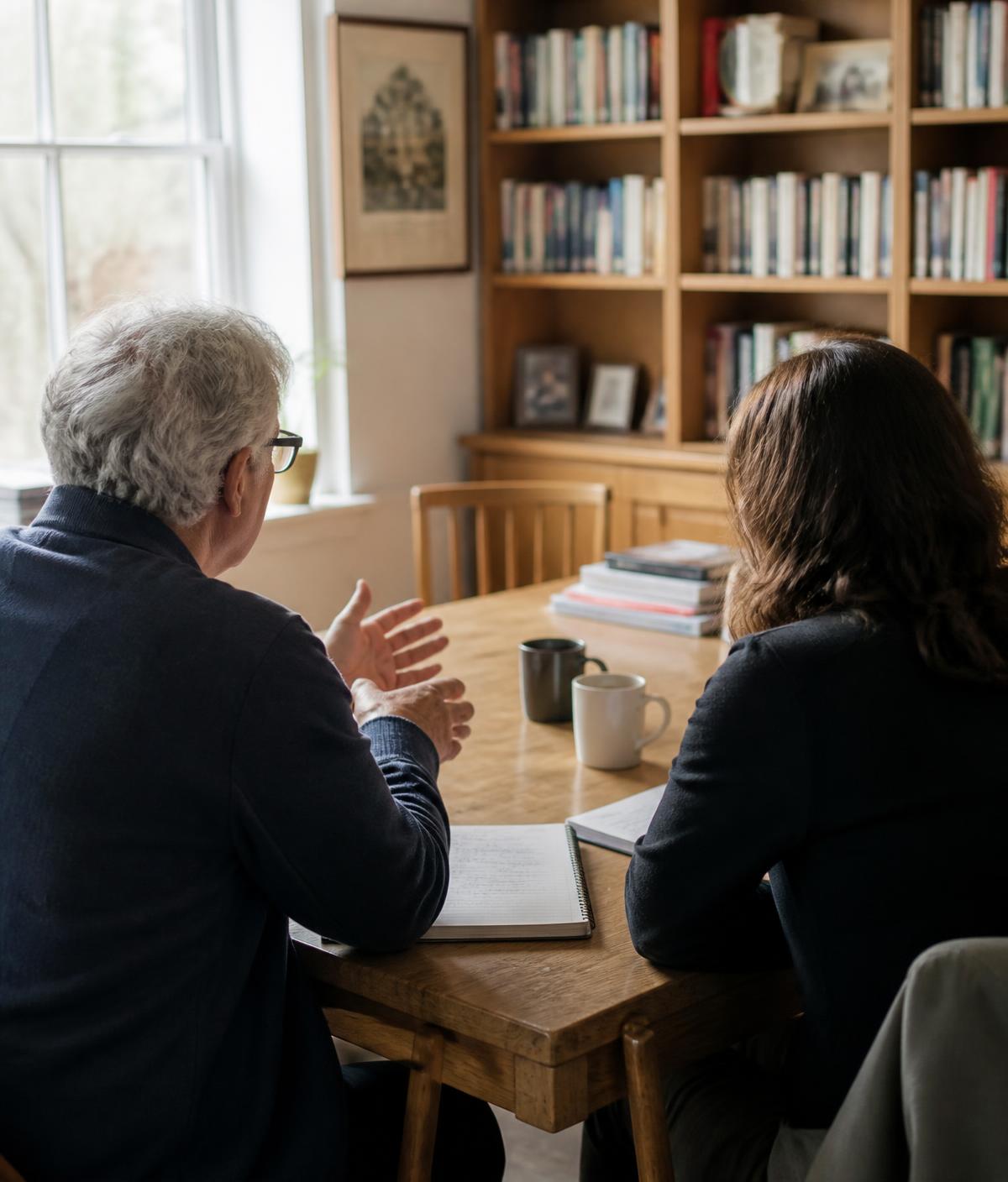 Two academics in a mentoring conversation across a table in a sunlit office